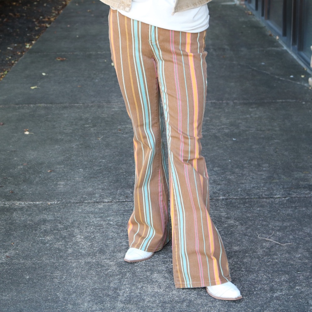 Judy Blue Brown Striped Flare Jeans with Multicolor Stripes